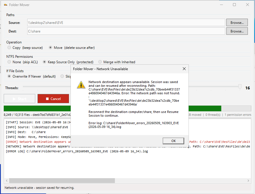 Folder Mover showing a network unavailable warning with the session saved for resume.
