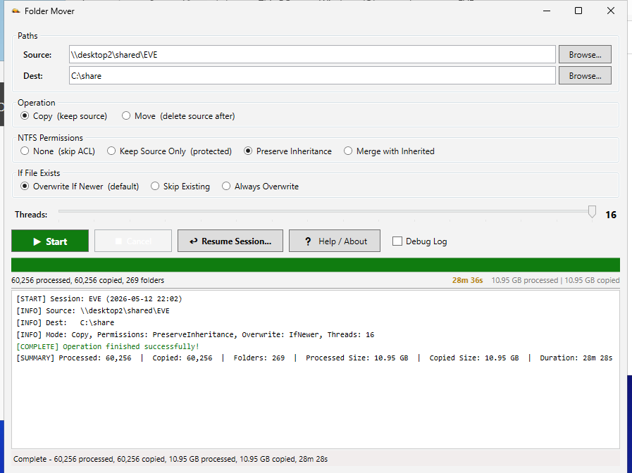 Folder Mover showing the Preserve Inheritance NTFS permission mode selected during a completed copy operation.