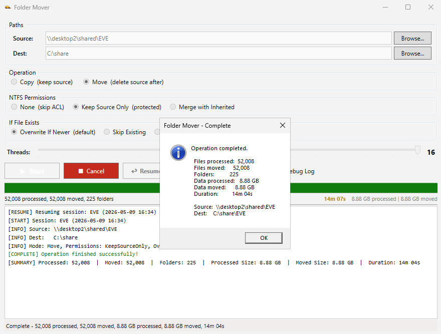 Folder Mover showing a completed move operation with 52,008 files moved and 8.88 GB processed.