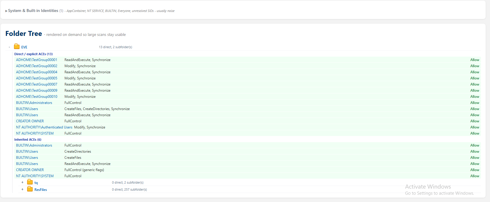 HTML Folder Permission Report showing an expandable folder tree with explicit and inherited ACEs.