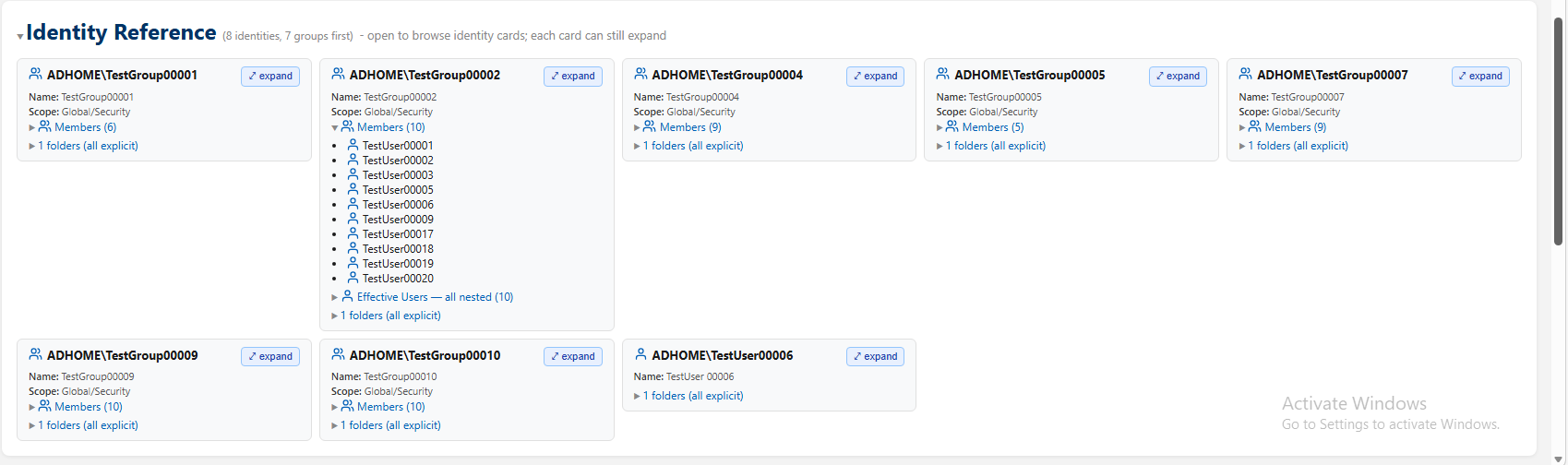 HTML Folder Permission Report showing identity reference cards with group membership and folder access details.