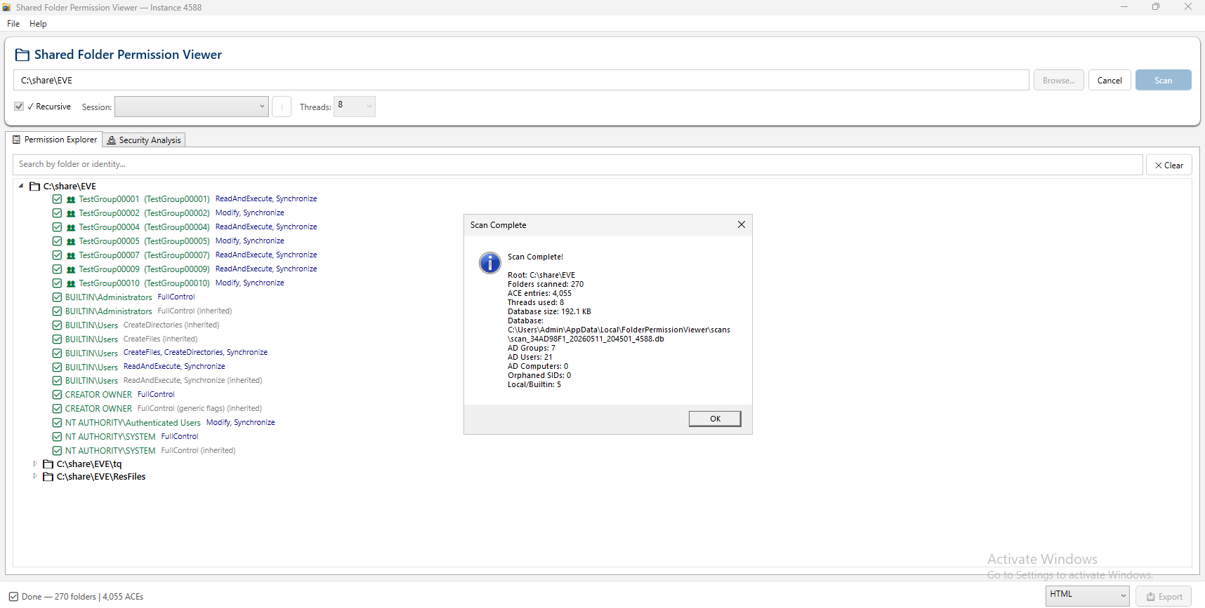 Shared Folder Permission Viewer showing a completed recursive scan with folders, ACE counts, account classification, and the permission explorer tree.