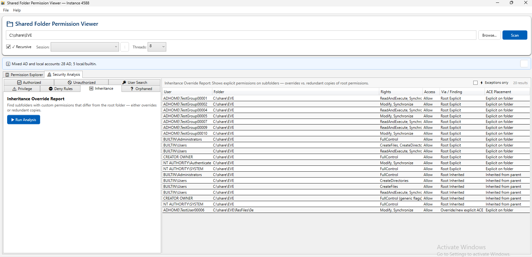 Shared Folder Permission Viewer showing the Security Analysis tab with inheritance override findings.